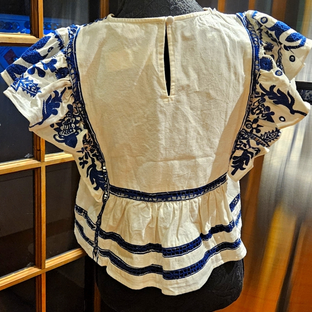 Anthropologie Blue and White Flutter Sleeve Blouse - Picture 7 of 12